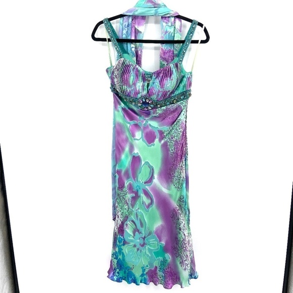 LA FEMME *FLAWED* Purple Teal Green Y2K Silk Beaded Pleated Mid Dress & Shawl 2 - Picture 1 of 11